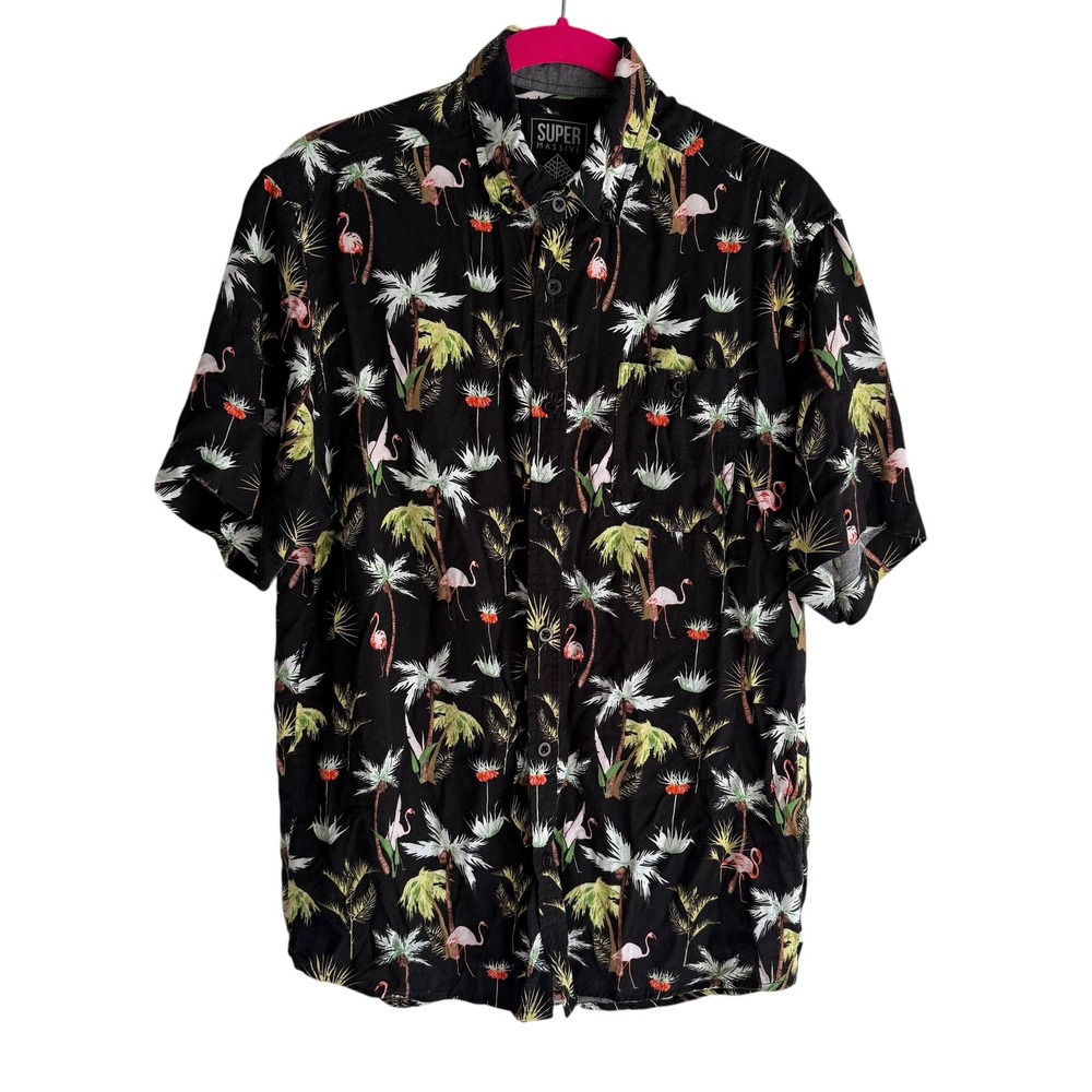 SUPER MASSIVE Black Flamingo Palm Print Mens Fun Short‎ Sleeve Button Up, S